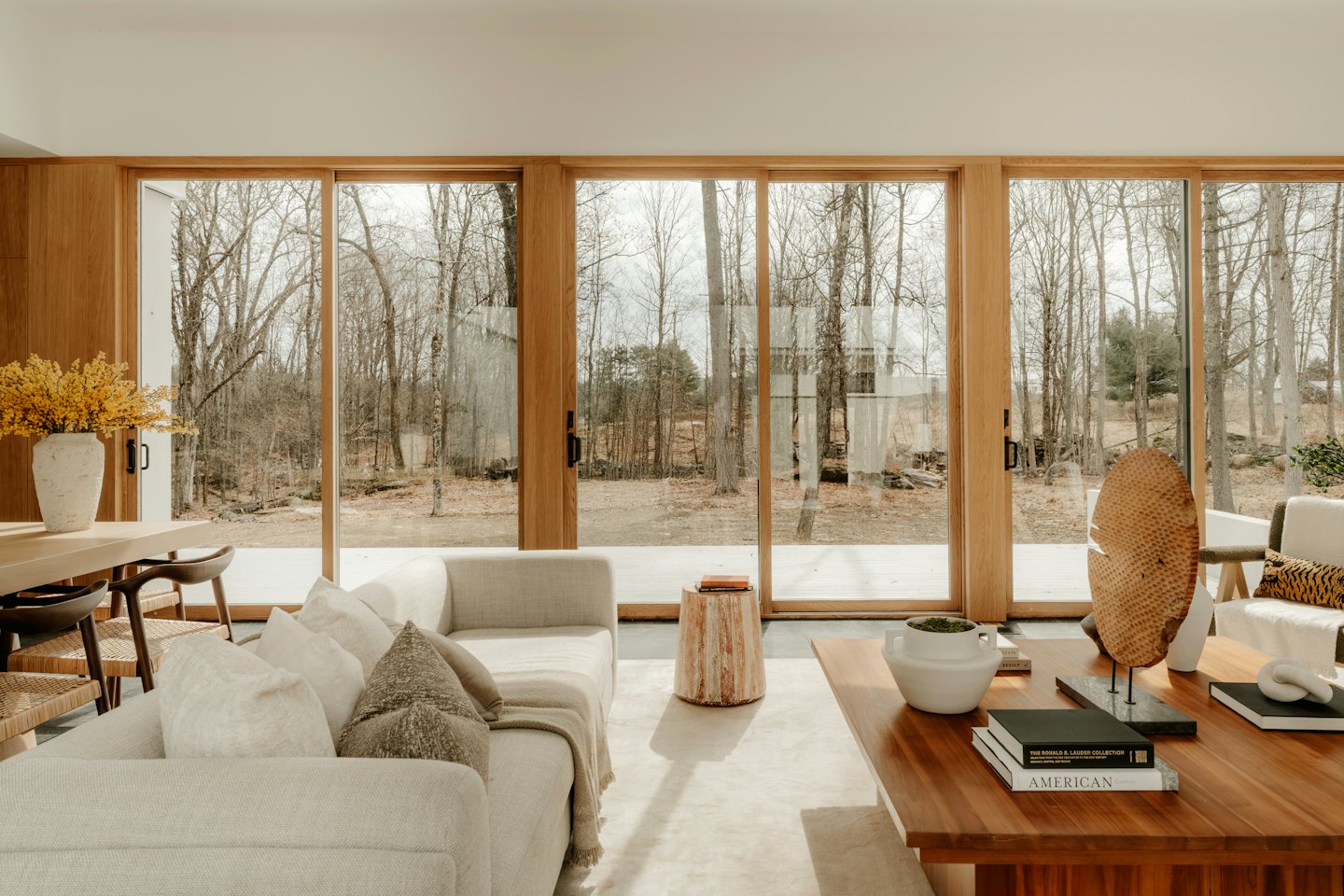 Modern living room with modular sofa and view of winter woods.
